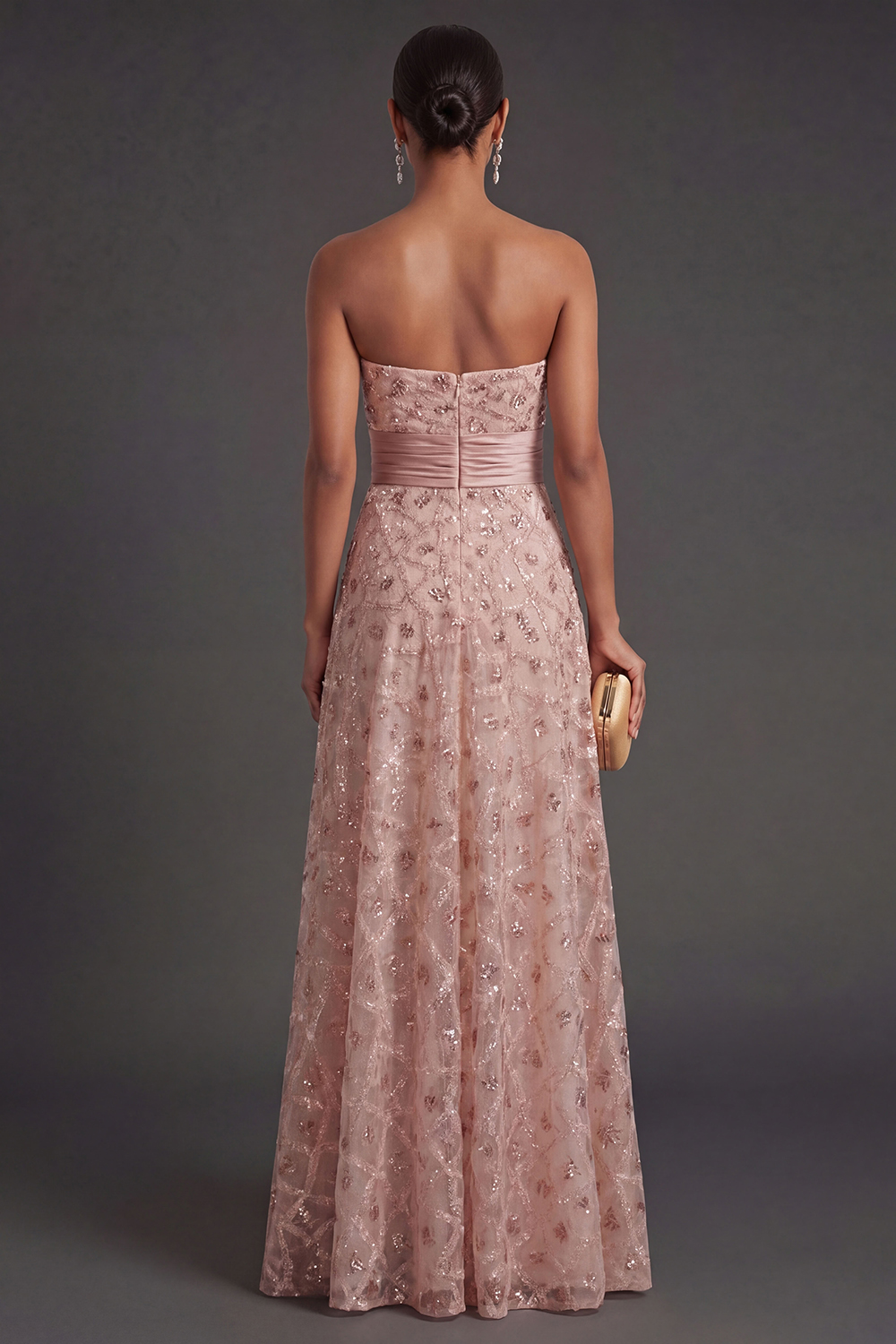 Sparkly Blush Strapless Appliqued Sequined Long Formal Dress with Cape