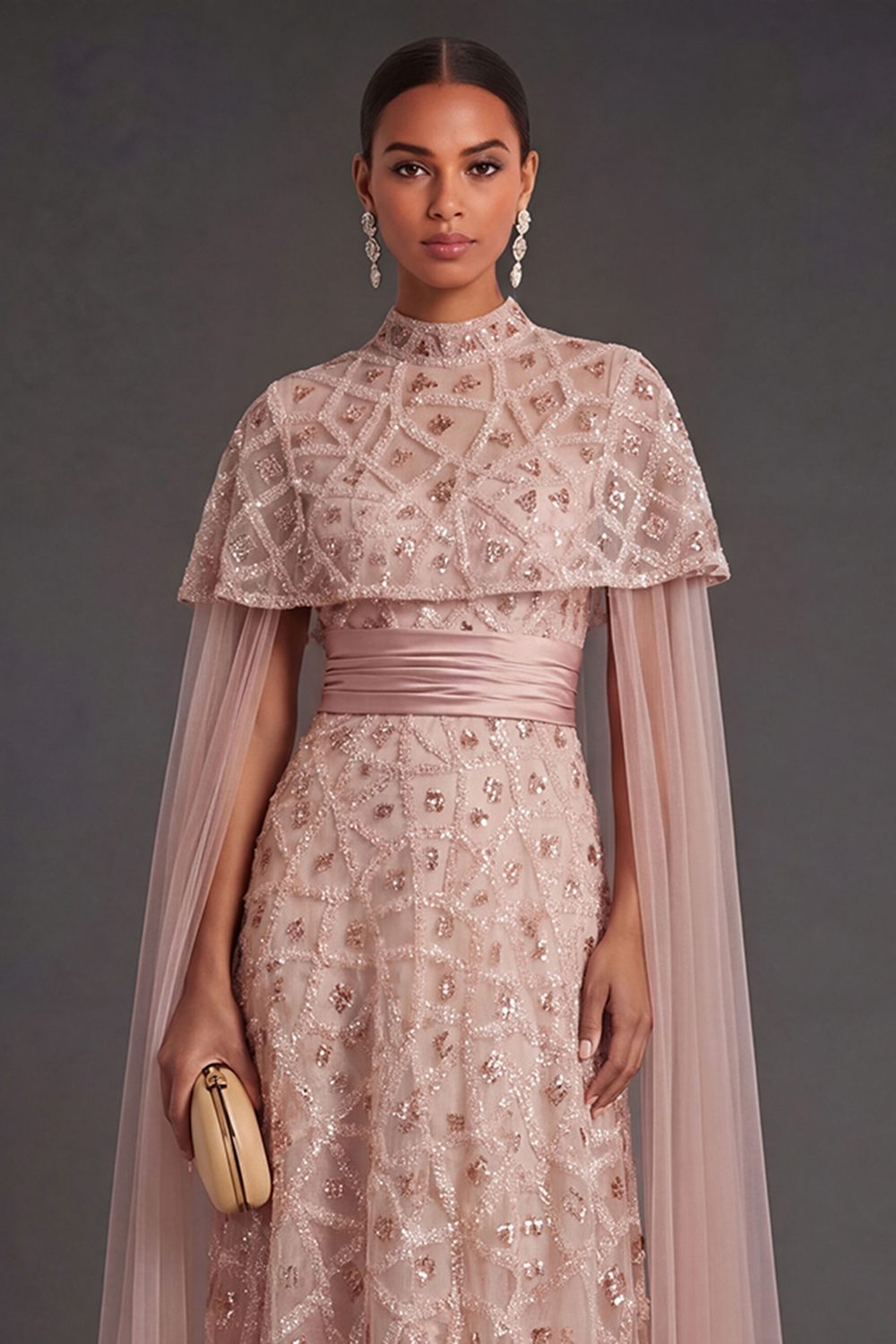 Sparkly Blush Strapless Appliqued Sequined Long Formal Dress with Cape
