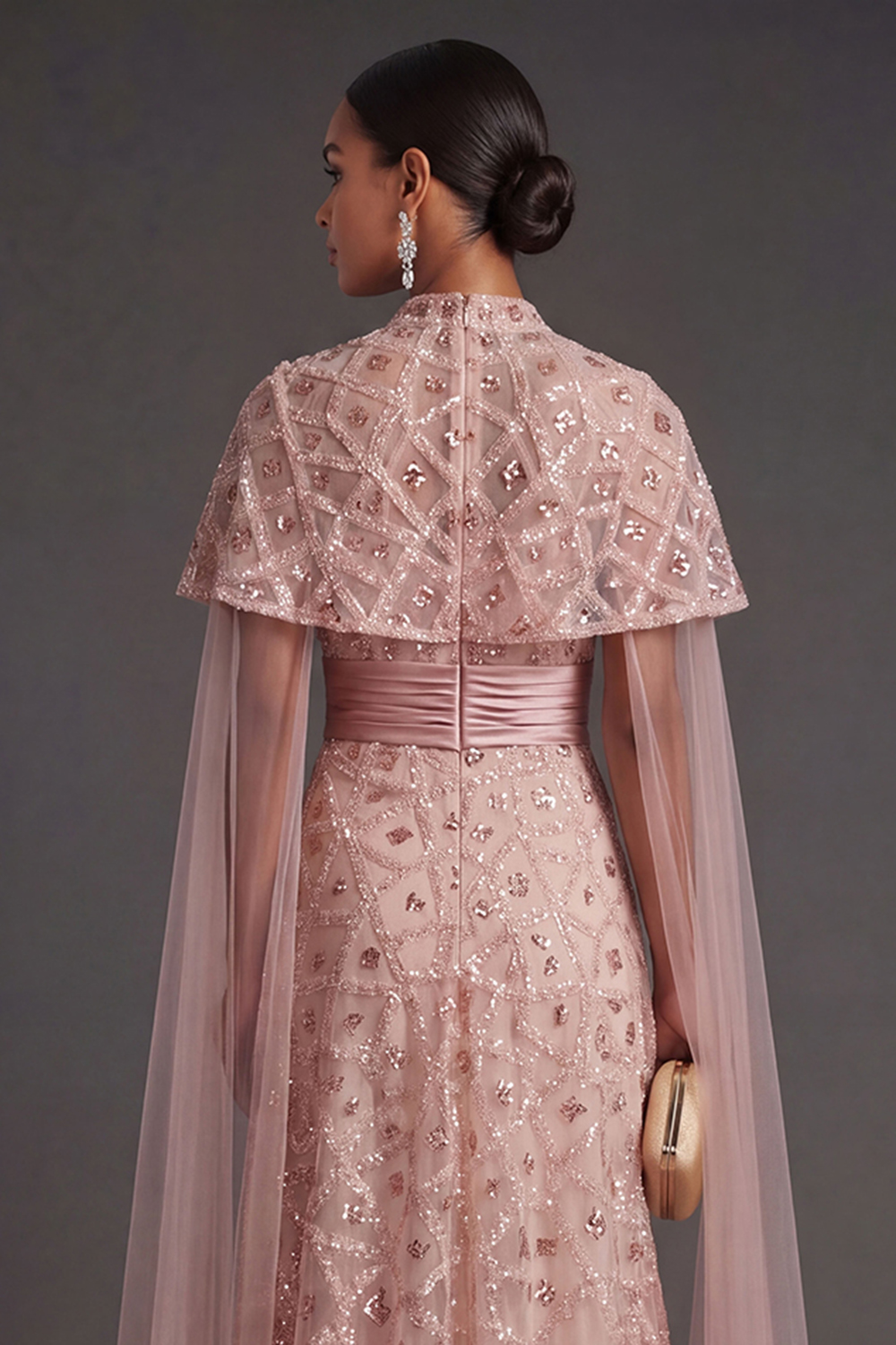 Sparkly Blush Strapless Appliqued Sequined Long Formal Dress with Cape