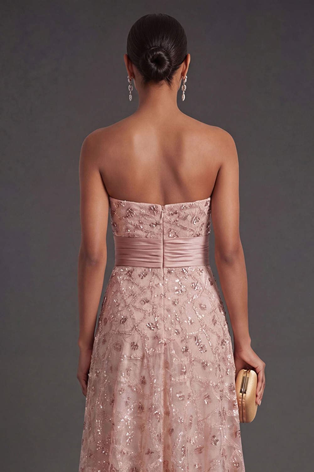 Sparkly Blush Strapless Appliqued Sequined Long Formal Dress with Cape
