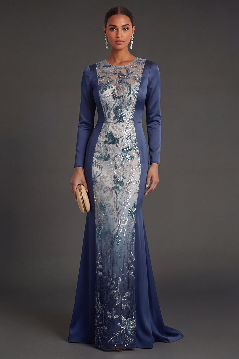 Leely Women Illusion Neck Floral Mermaid Navy Long Formal Dress Appliqued Long Sleeves Evening Dress