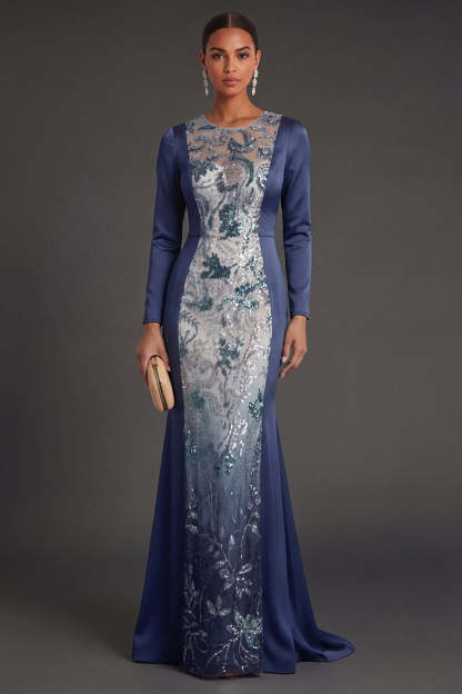 Leely Women Illusion Neck Floral Mermaid Navy Long Formal Dress Appliqued Long Sleeves Evening Dress