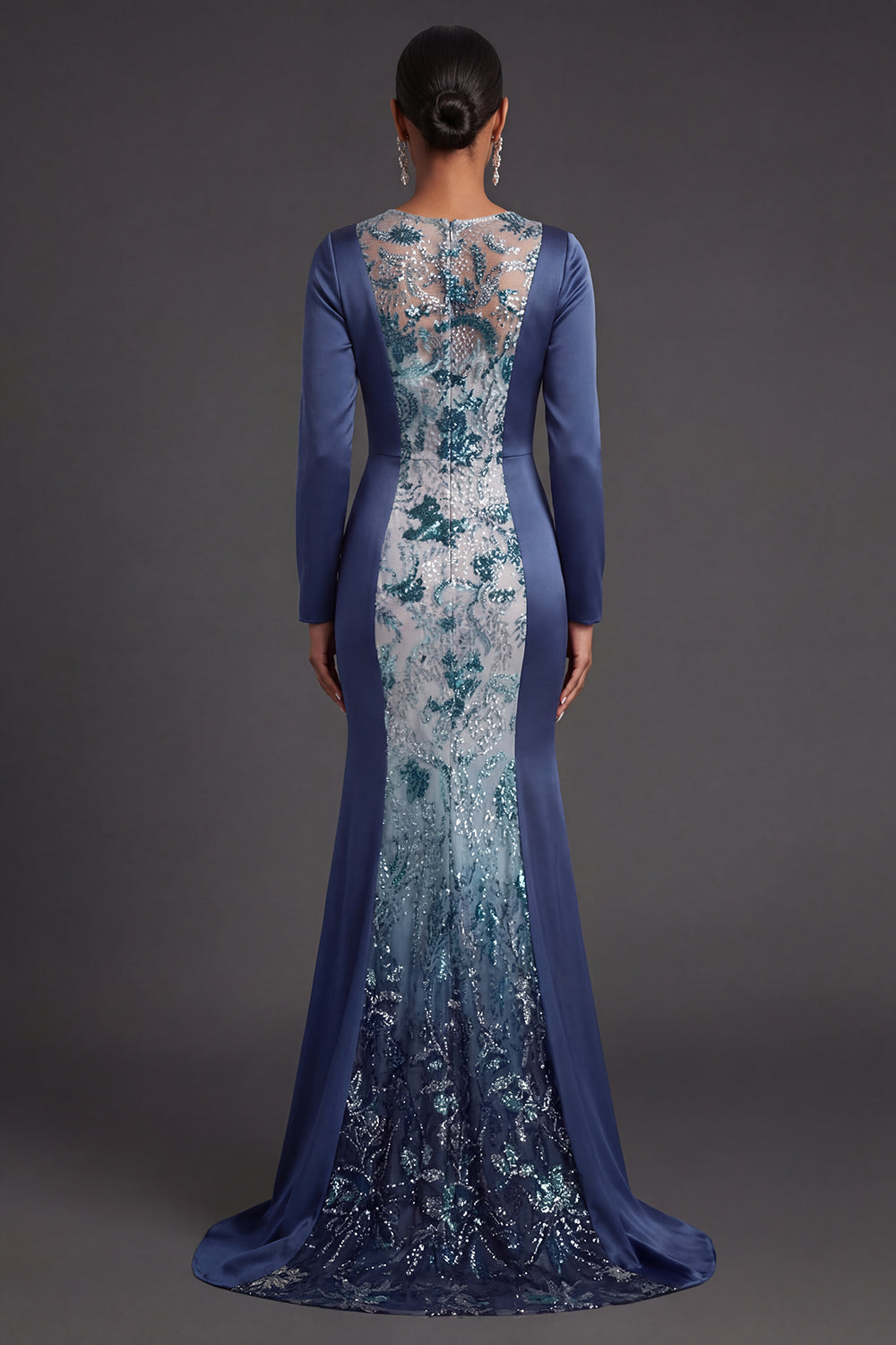 Illusion Neck Floral Appliqued Mermaid Navy Long Formal Dress