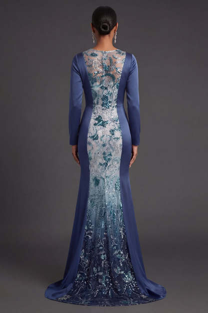 Illusion Neck Floral Appliqued Mermaid Navy Long Formal Dress