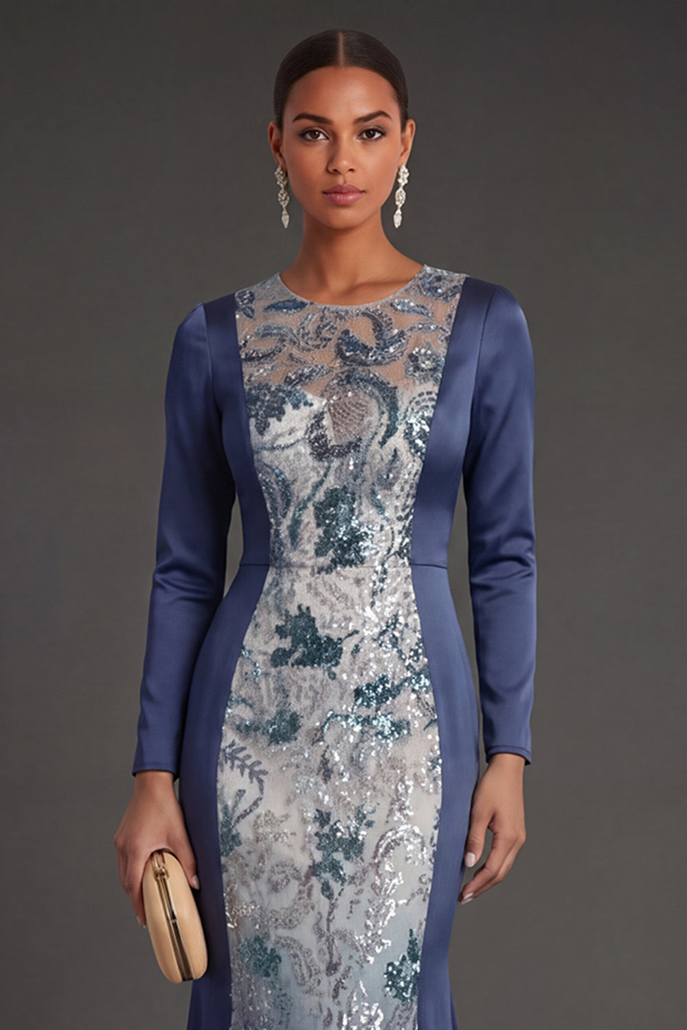 Illusion Neck Floral Appliqued Mermaid Navy Long Formal Dress