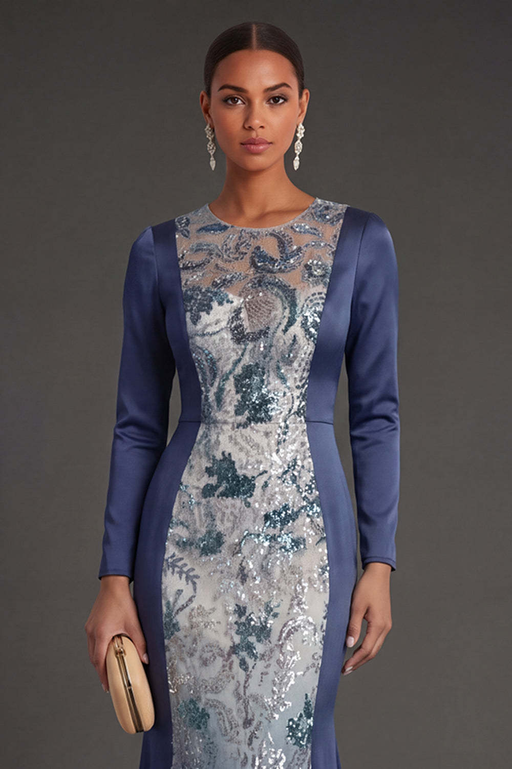 Illusion Neck Floral Appliqued Mermaid Navy Long Formal Dress