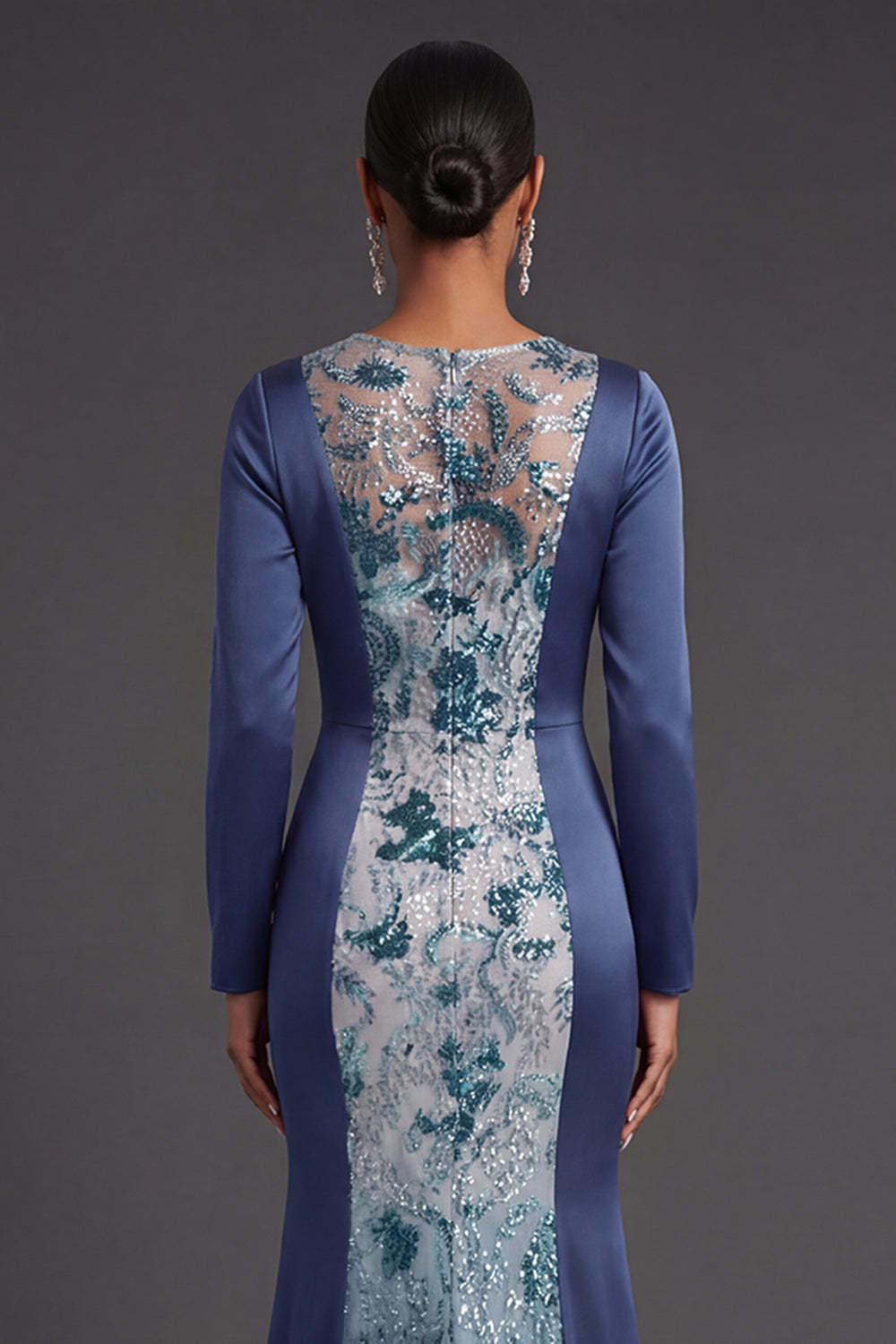 Illusion Neck Floral Appliqued Mermaid Navy Long Formal Dress