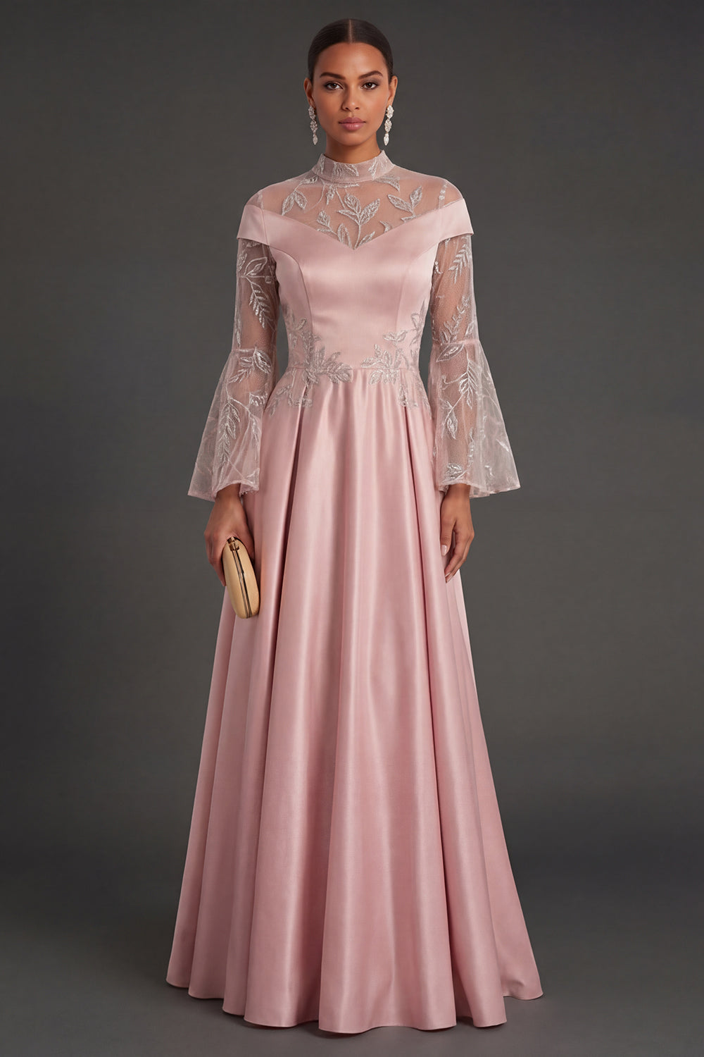 Leely Women Pink Flutter Sleeves A Line Long Formal Dress High Neck Flutter Sleeves Wedding Guest Dress