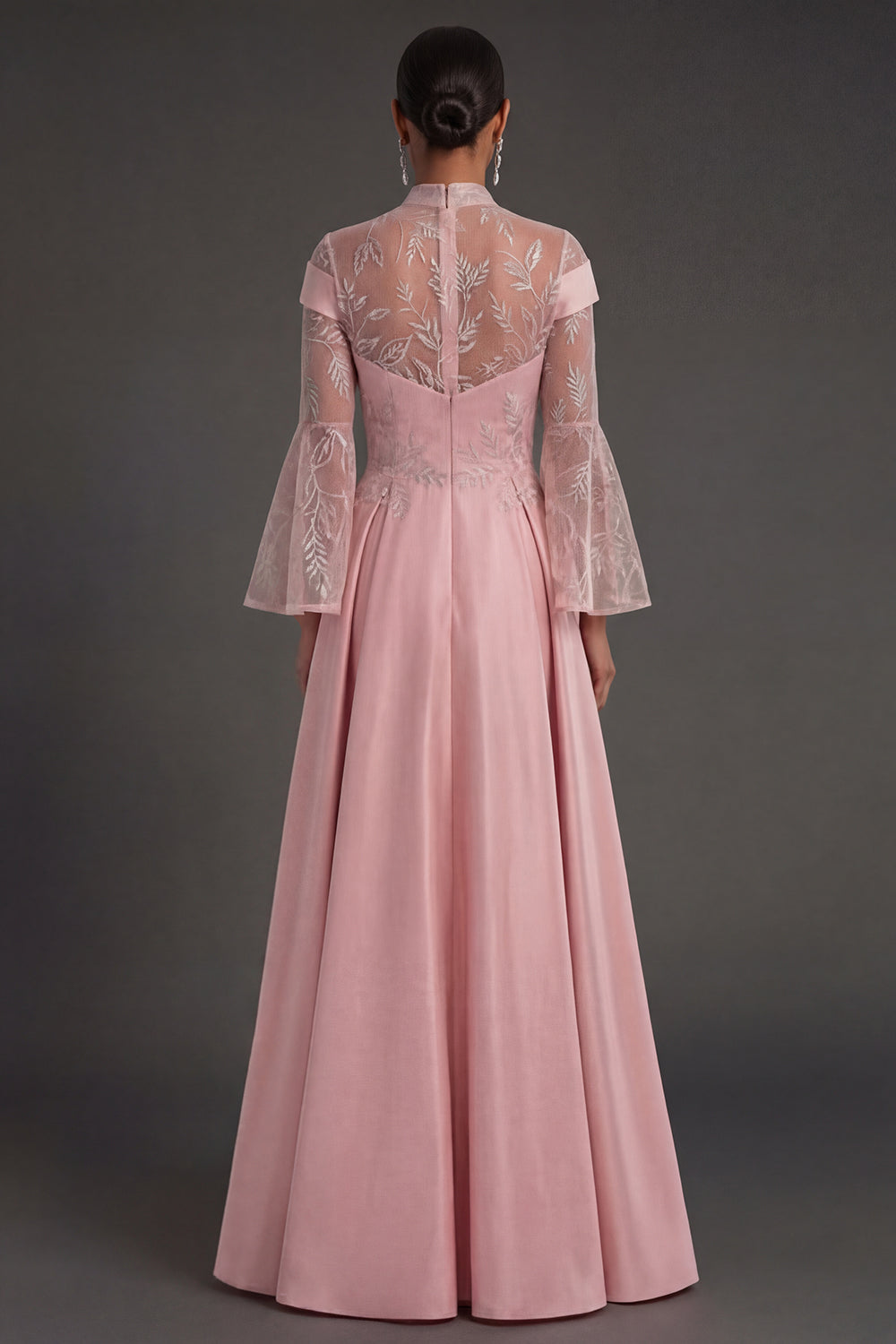 Pink Flutter Sleeves A Line High Neck Long Formal Dress