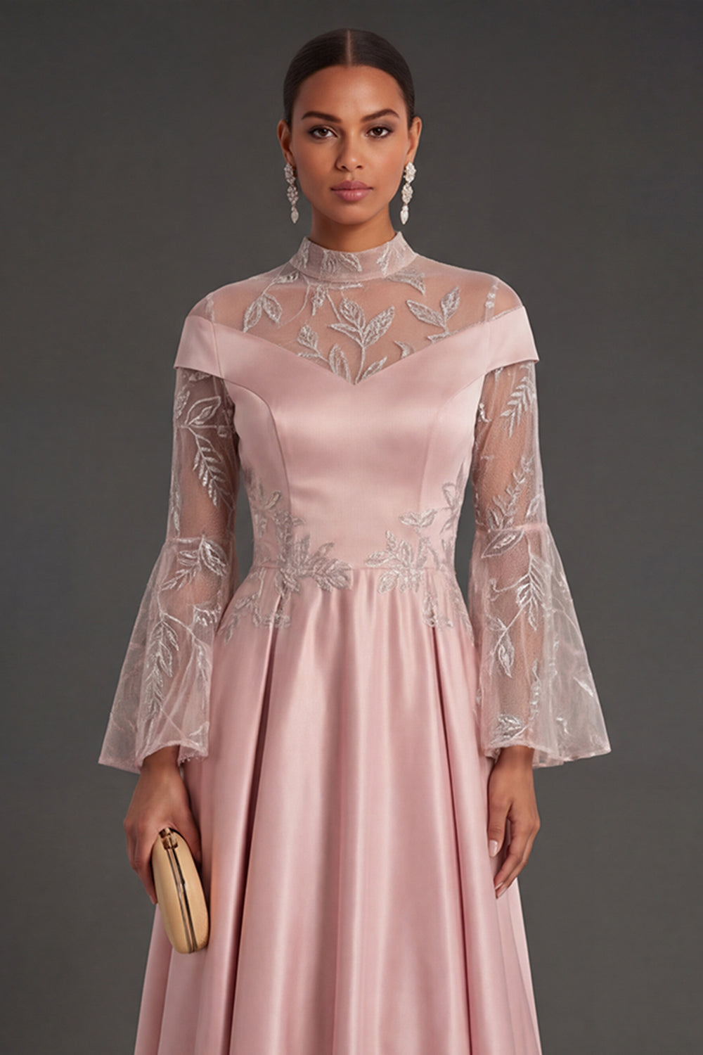 Pink Flutter Sleeves A Line High Neck Long Formal Dress