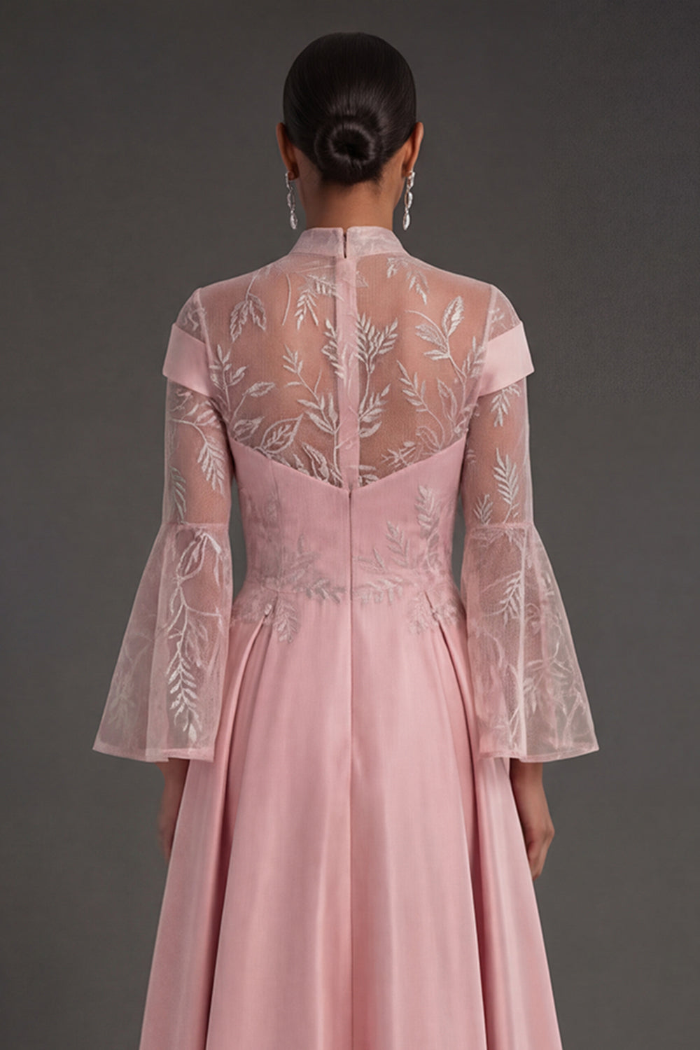 Pink Flutter Sleeves A Line High Neck Long Formal Dress