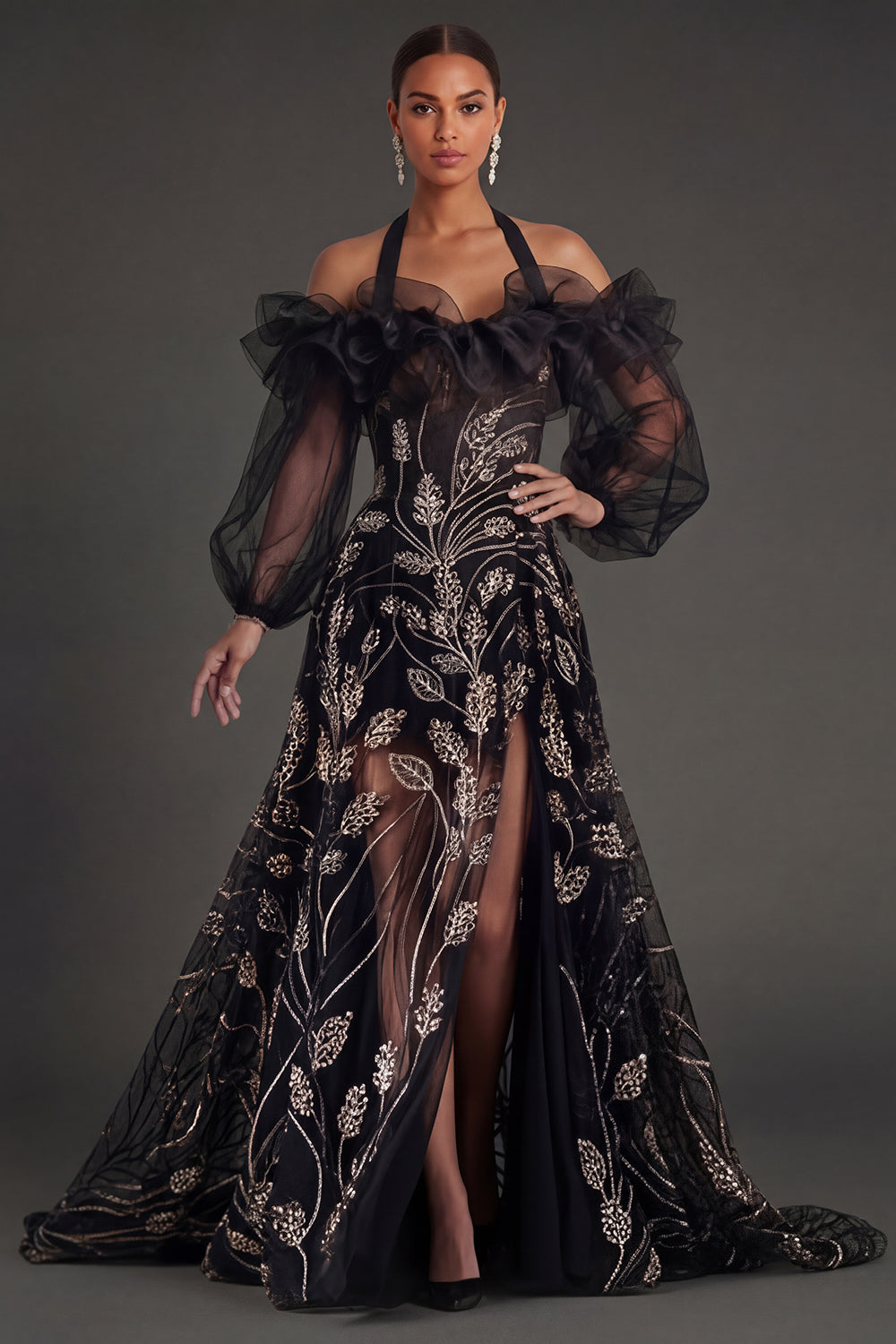 Ruffled Floral Puff Sleeves Black Long Formal Dress with Slit