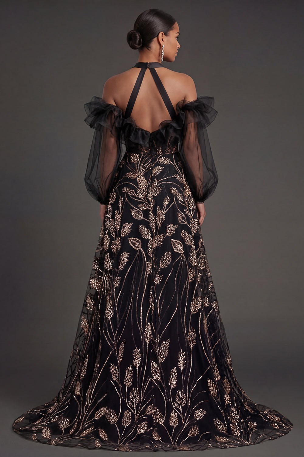 Ruffled Floral Puff Sleeves Black Long Formal Dress with Slit