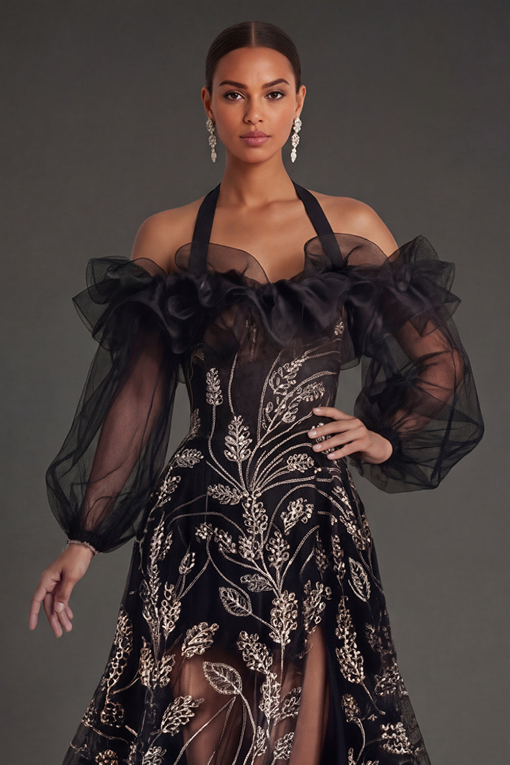 Ruffled Floral Puff Sleeves Black Long Formal Dress with Slit
