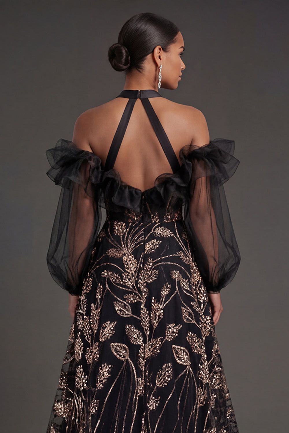 Ruffled Floral Puff Sleeves Black Long Formal Dress with Slit