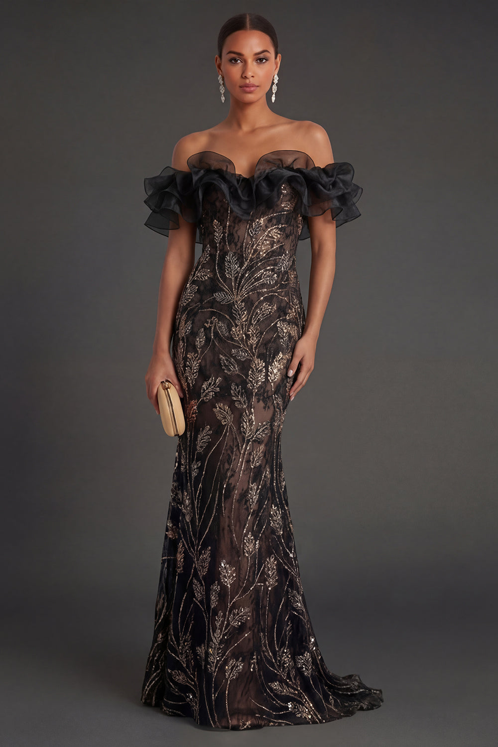 Mermaid Floral Off the Shoulder Ruffled Long Black Formal Dress