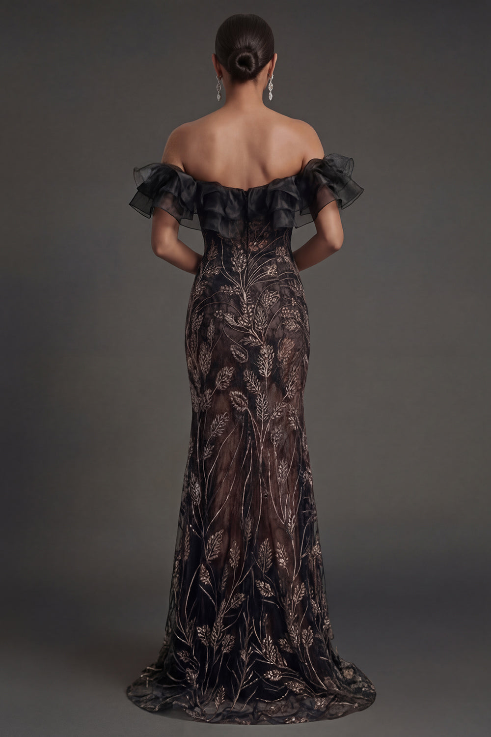 Mermaid Floral Off the Shoulder Ruffled Long Black Formal Dress