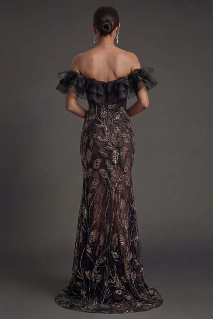 Mermaid Floral Off the Shoulder Ruffled Long Black Formal Dress