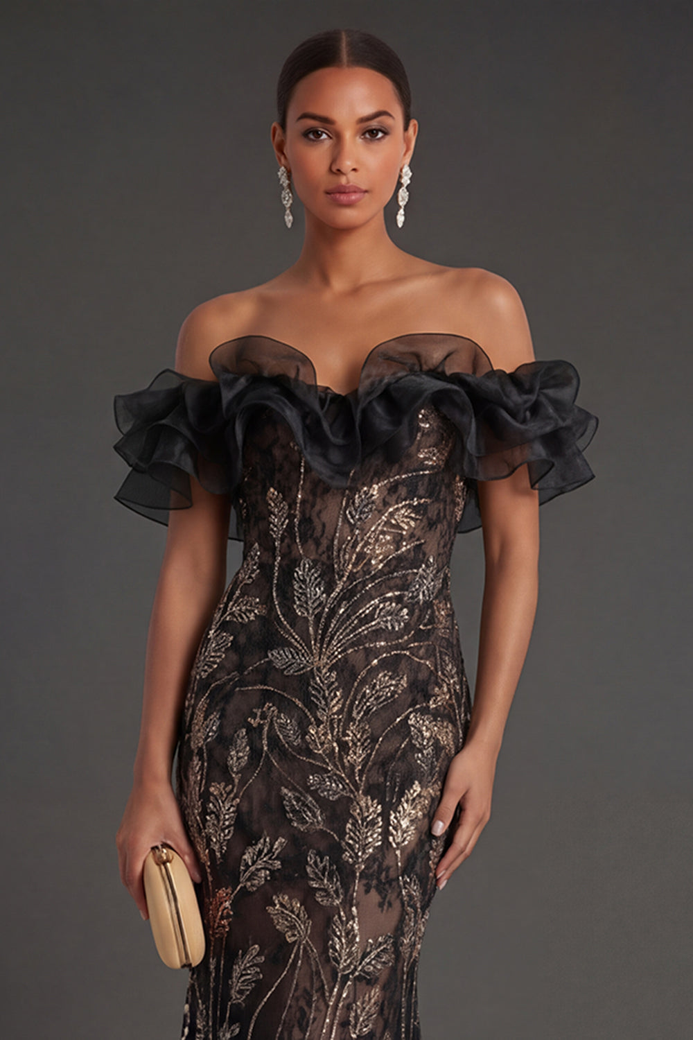Mermaid Floral Off the Shoulder Ruffled Long Black Formal Dress