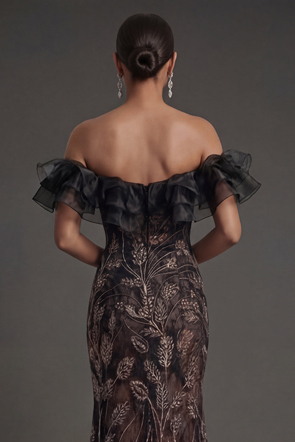 Mermaid Floral Off the Shoulder Ruffled Long Black Formal Dress