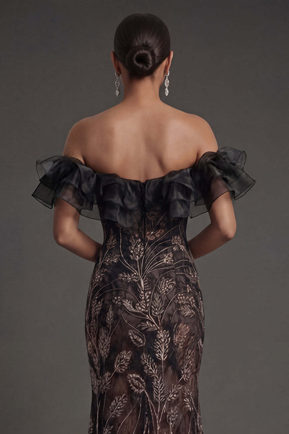 Mermaid Floral Off the Shoulder Ruffled Long Black Formal Dress
