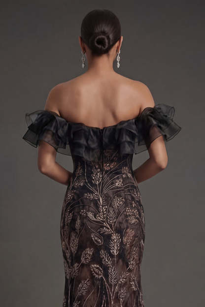 Mermaid Floral Off the Shoulder Ruffled Long Black Formal Dress
