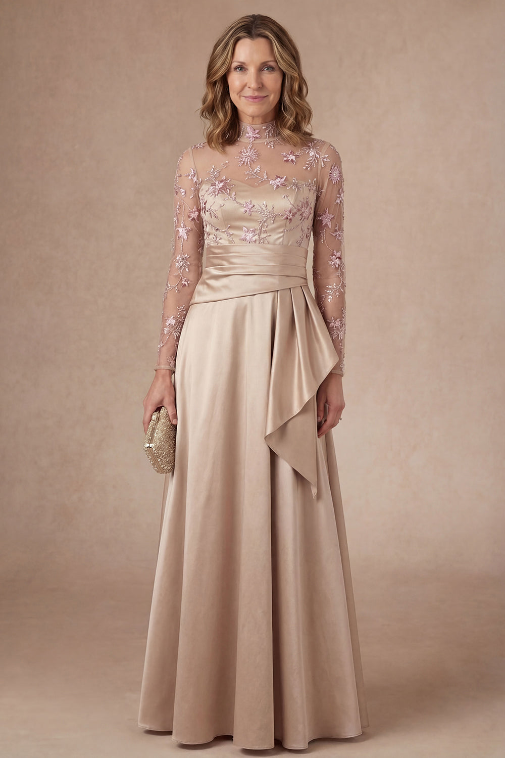 Long Sleeves Floral Appliqued High Neck Champagne Long Mother of the Bride Dress