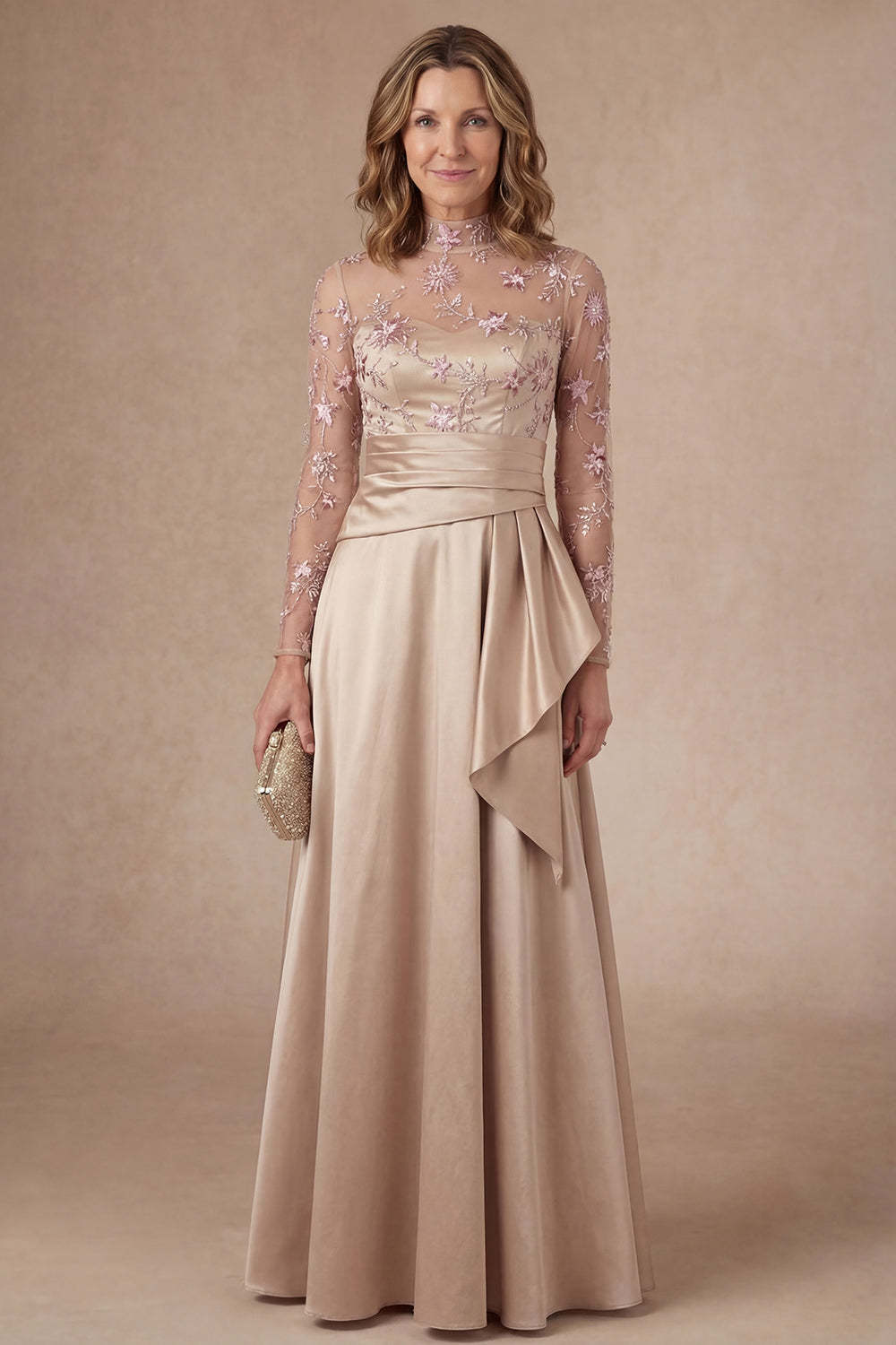 Leely Women Long Sleeves Floral Champagne Long Mother of the Bride Dress Appliqued High Neck Evening Dress