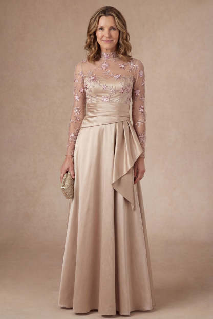 Leely Women Long Sleeves Floral Champagne Long Mother of the Bride Dress Appliqued High Neck Evening Dress