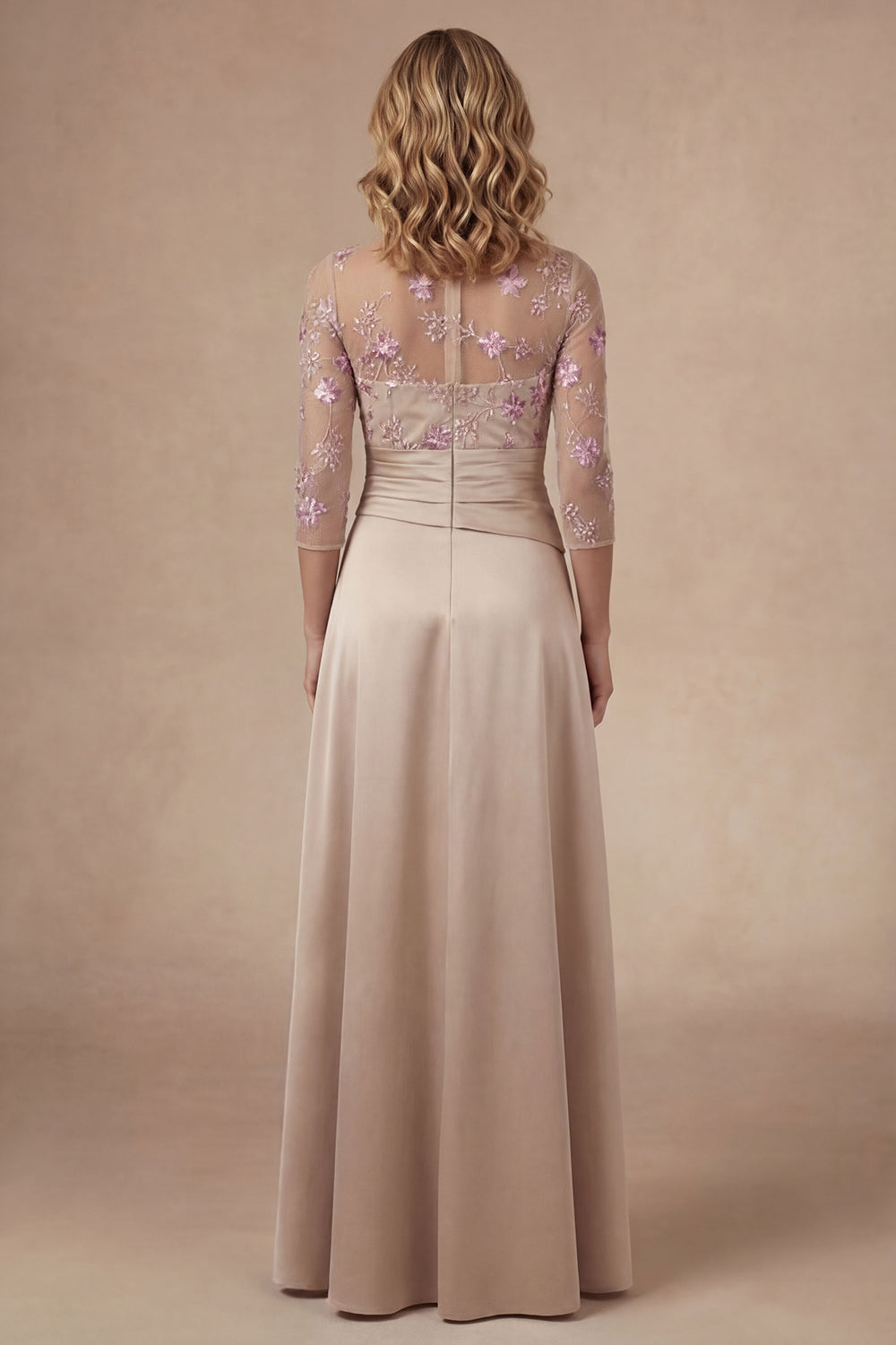 Long Sleeves Floral Appliqued High Neck Champagne Long Mother of the Bride Dress