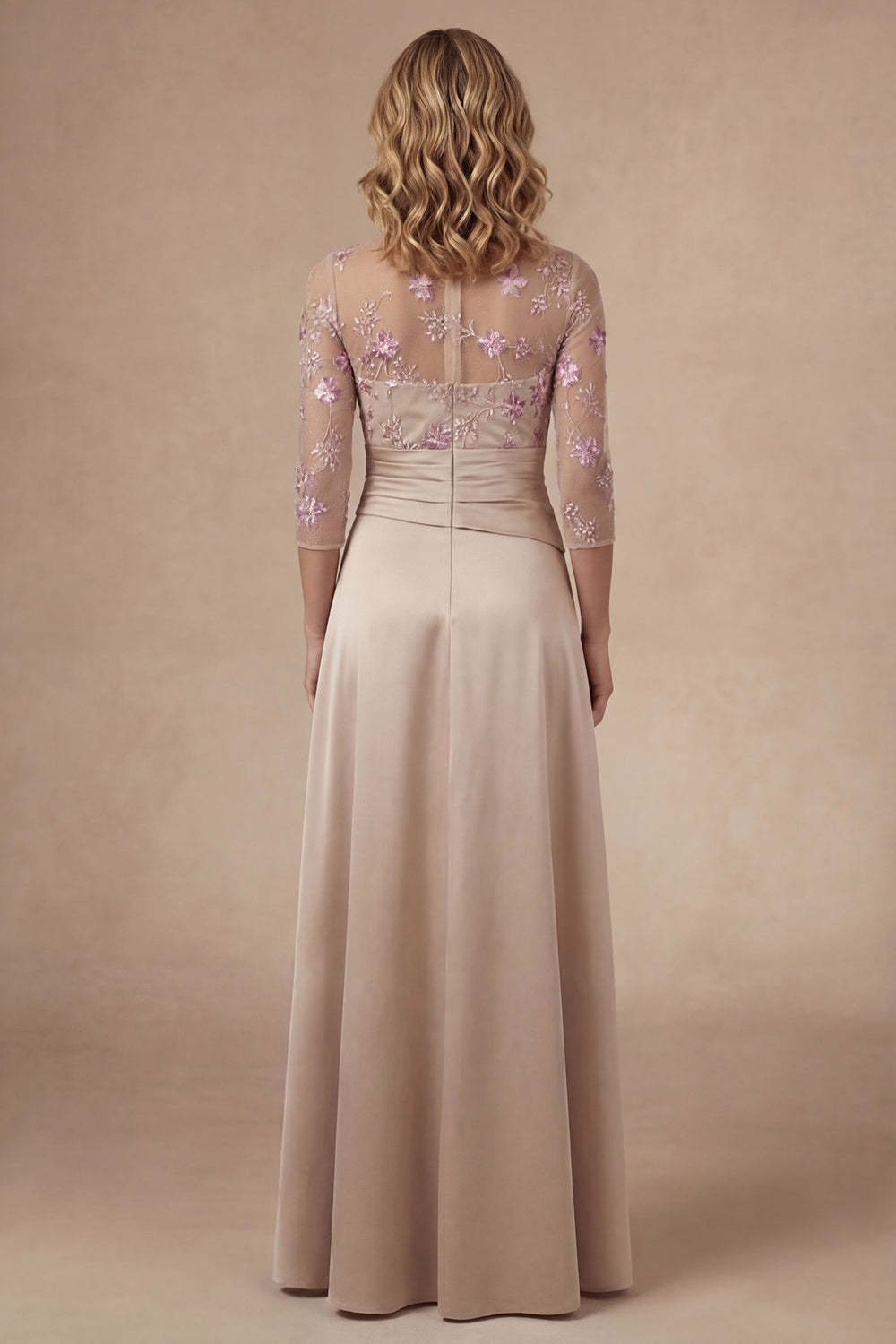 Long Sleeves Floral Appliqued High Neck Champagne Long Mother of the Bride Dress