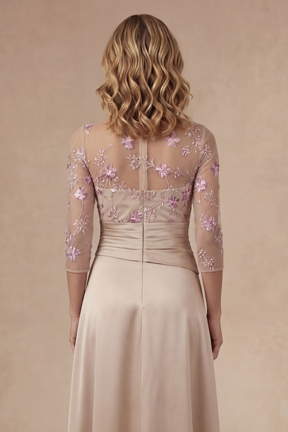 Long Sleeves Floral Appliqued High Neck Champagne Long Mother of the Bride Dress