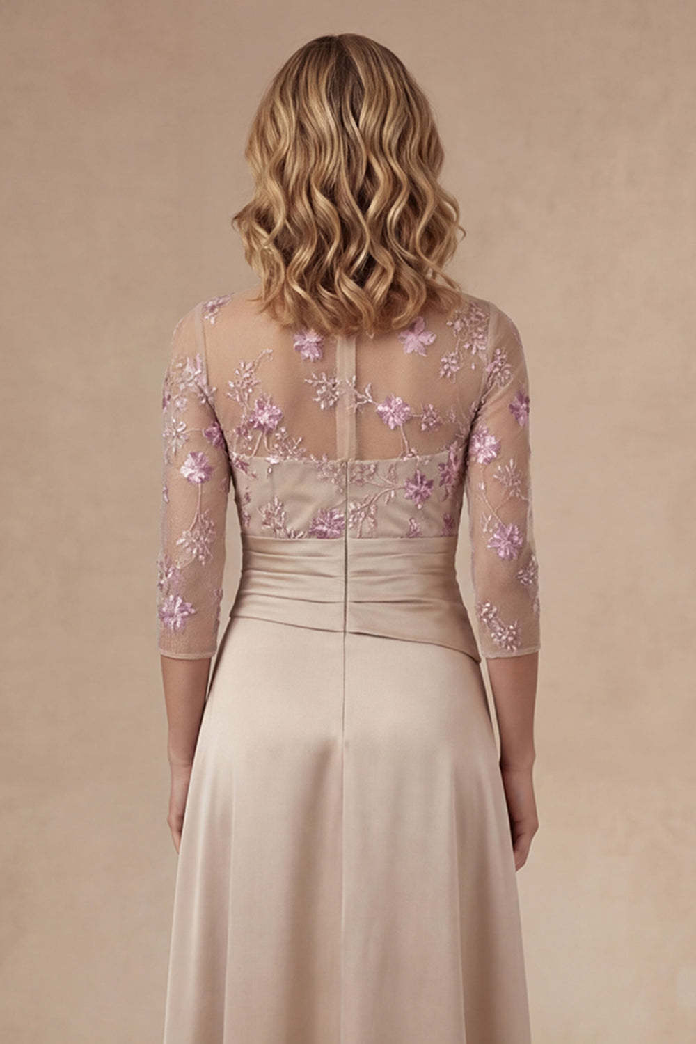 Long Sleeves Floral Appliqued High Neck Champagne Long Mother of the Bride Dress