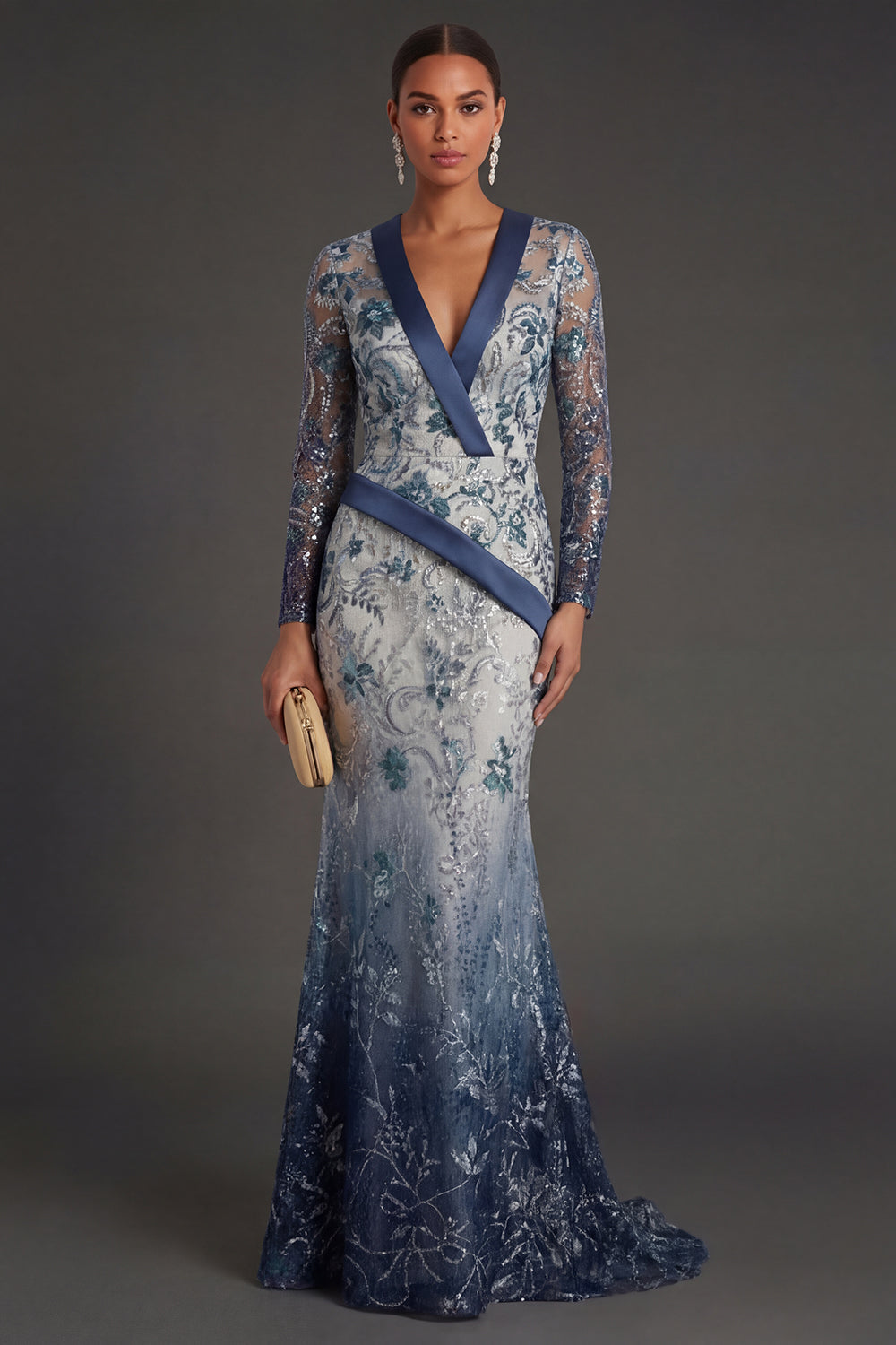 Long Sleeves Mermaid Navy Floral  V Neck Long Formal Dress