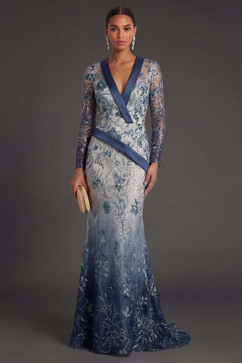 Leely Women Long Sleeves Mermaid Navy Floral Long Formal Dress V Neck Appliqued Wedding Guest Dress