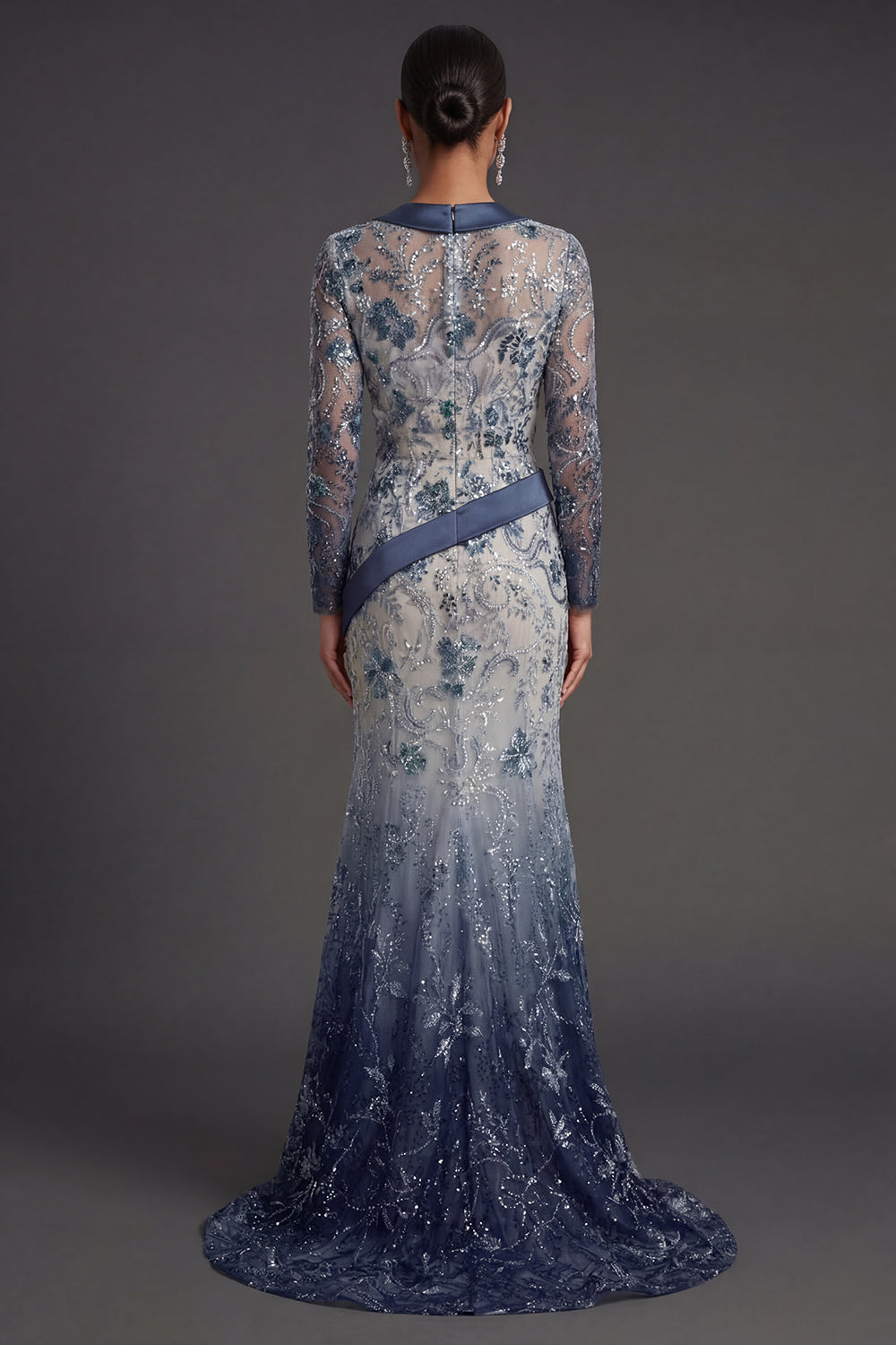 Long Sleeves Mermaid Navy Floral  V Neck Long Formal Dress