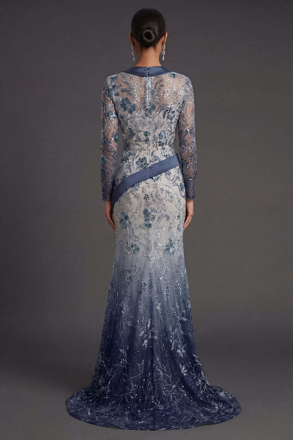 Long Sleeves Mermaid Navy Floral  V Neck Long Formal Dress