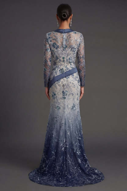 Long Sleeves Mermaid Navy Floral  V Neck Long Formal Dress