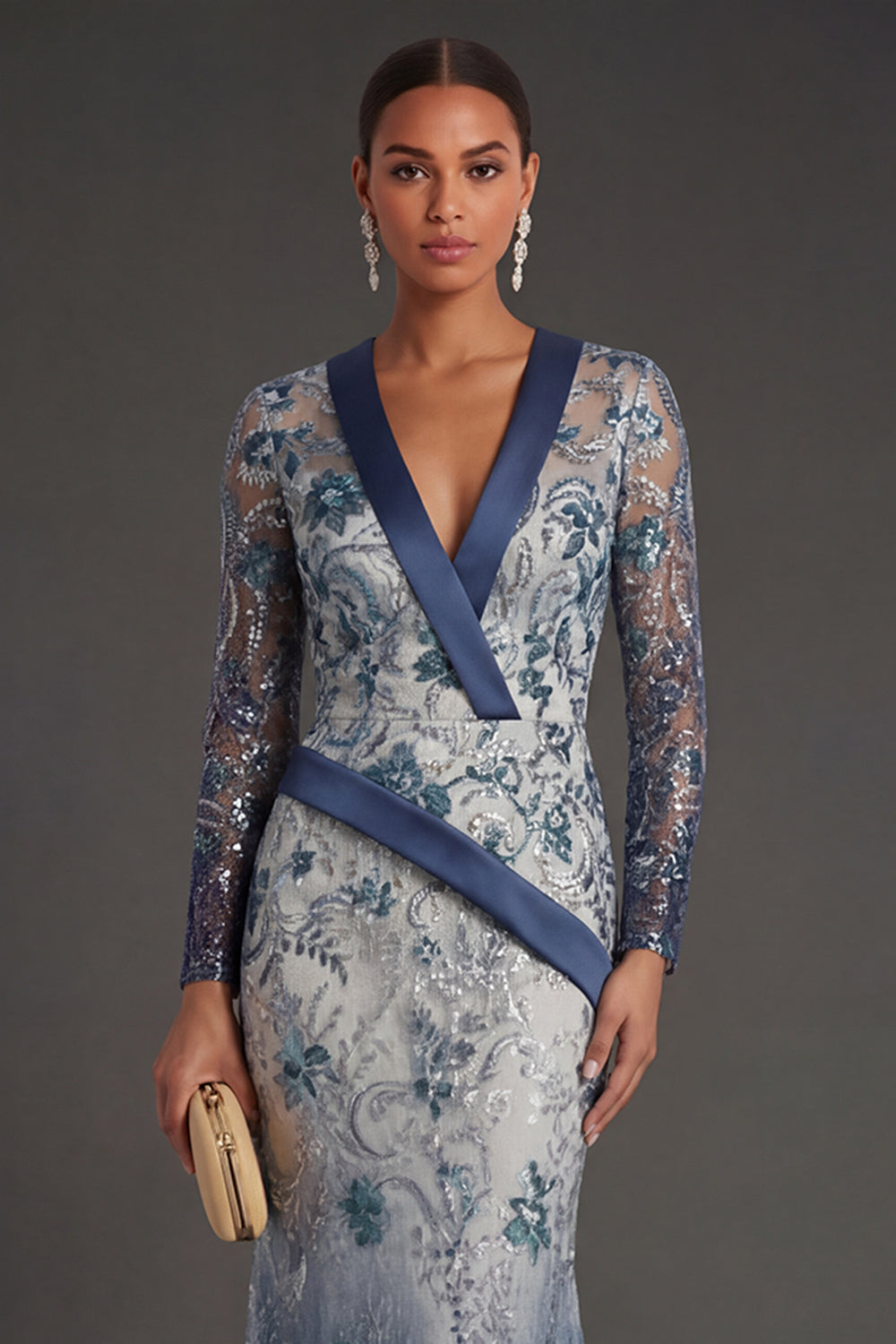 Long Sleeves Mermaid Navy Floral  V Neck Long Formal Dress