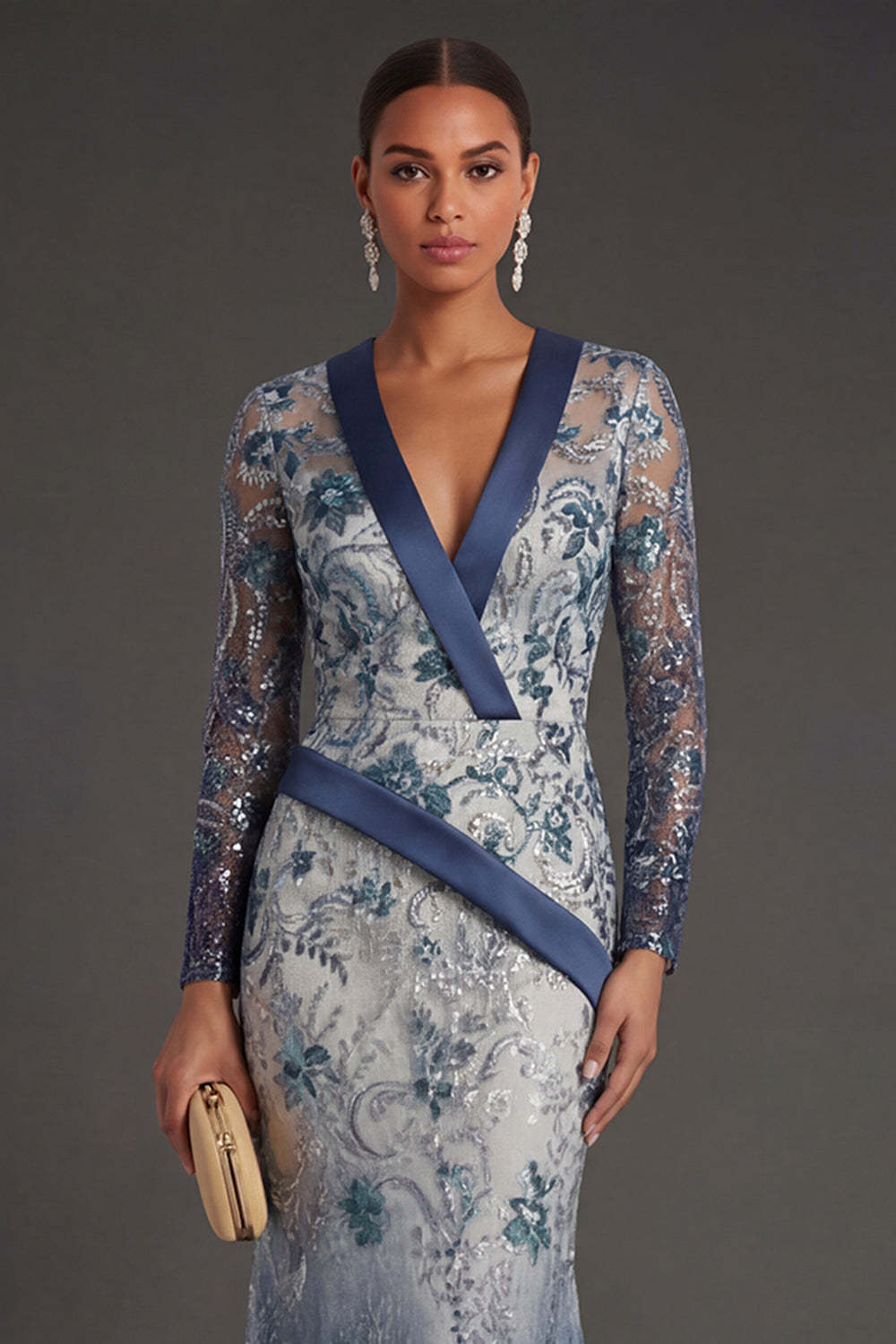 Long Sleeves Mermaid Navy Floral  V Neck Long Formal Dress