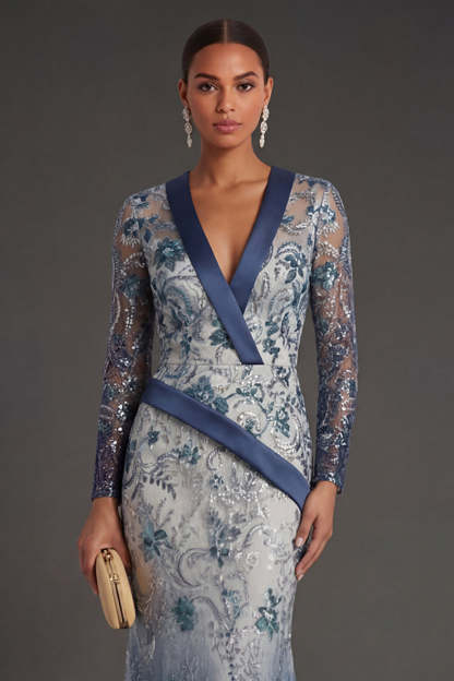 Long Sleeves Mermaid Navy Floral  V Neck Long Formal Dress