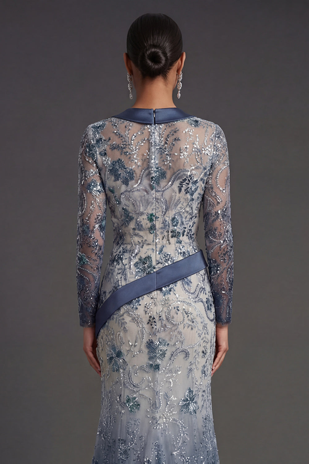 Long Sleeves Mermaid Navy Floral  V Neck Long Formal Dress