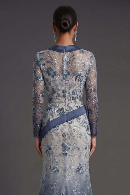 Long Sleeves Mermaid Navy Floral  V Neck Long Formal Dress