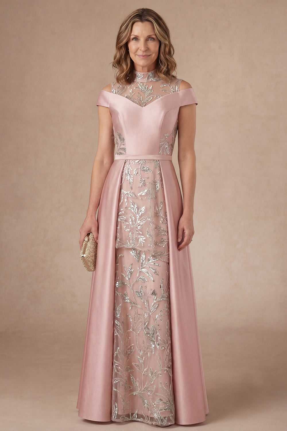 Pink Floral A Line High Neck Appliqued Long Mother of the Bride Dress