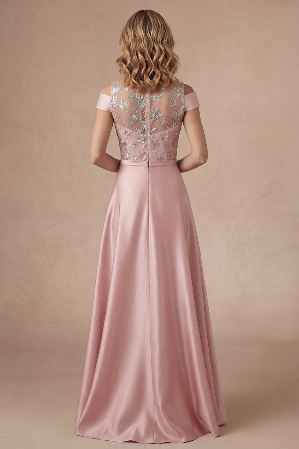 Pink Floral A Line High Neck Appliqued Long Mother of the Bride Dress
