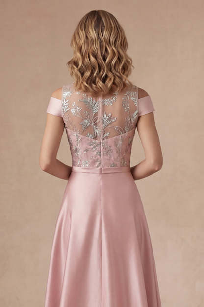 Pink Floral A Line High Neck Appliqued Long Mother of the Bride Dress