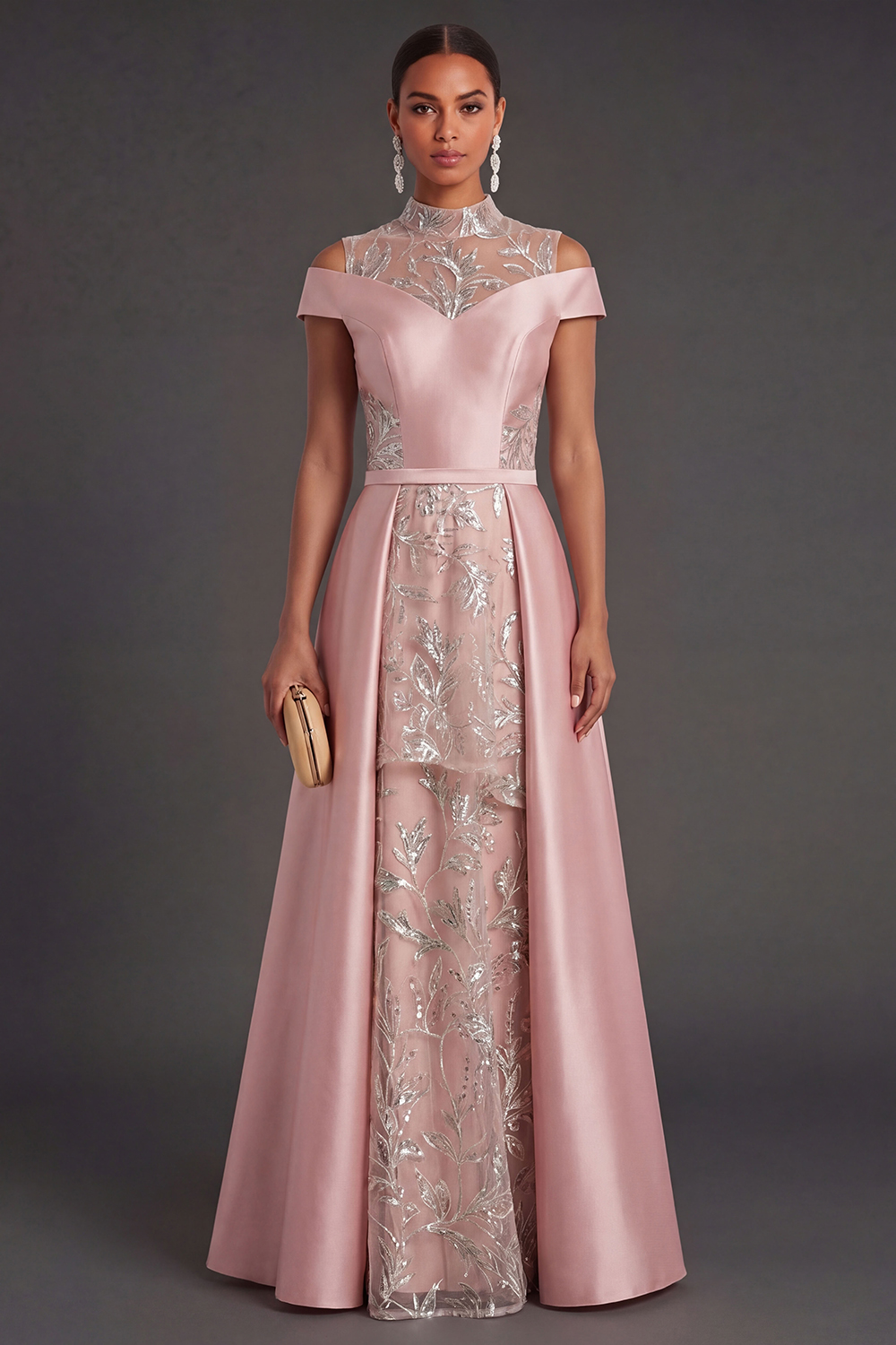 Pink Floral A Line High Neck Appliqued Long Formal Dress