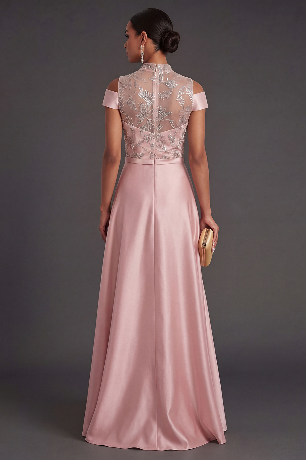 Pink Floral A Line High Neck Appliqued Long Formal Dress