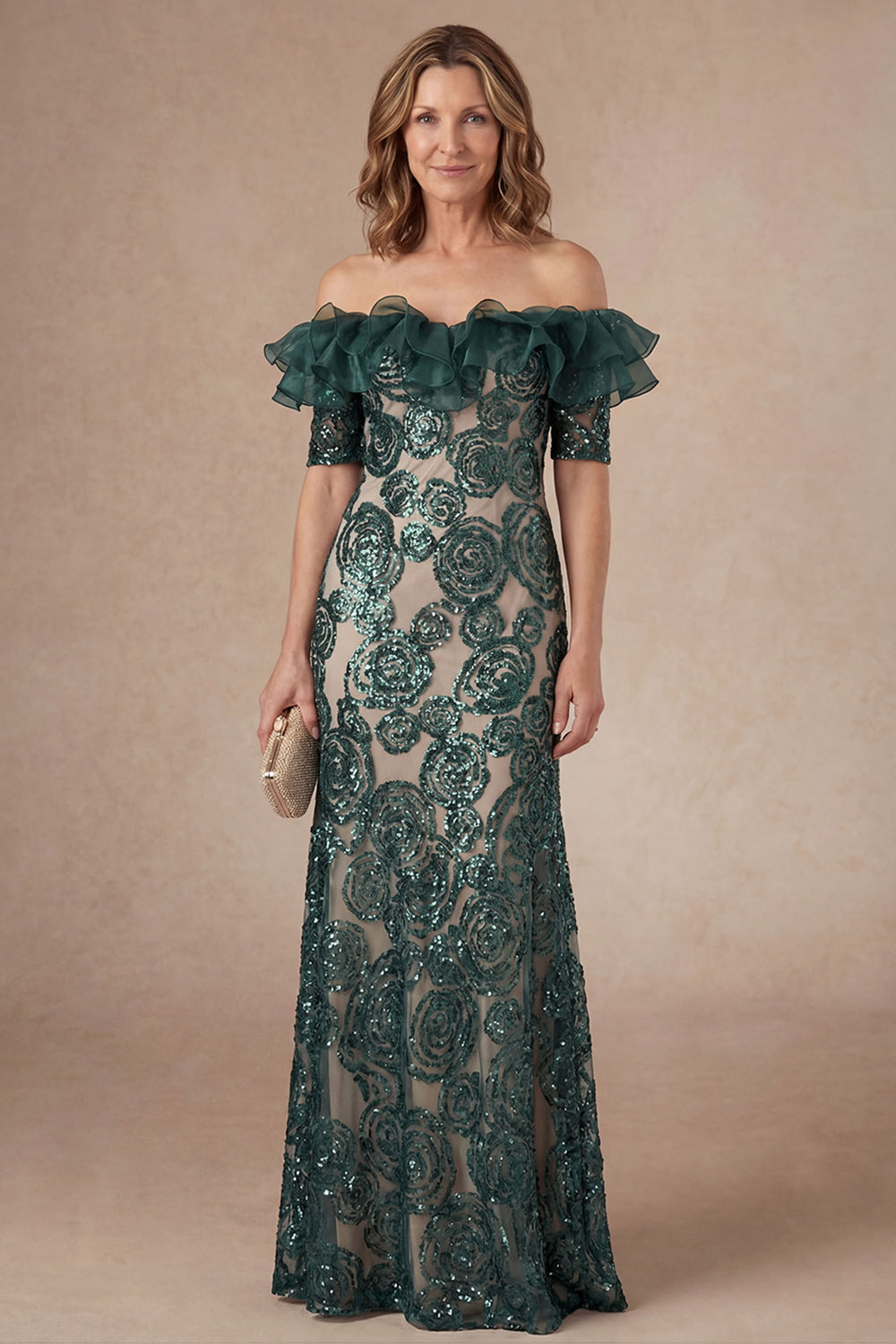 Ruffled Off the Shoulder Floral Dark Green Appliqued Long Mother of the Bride Dress