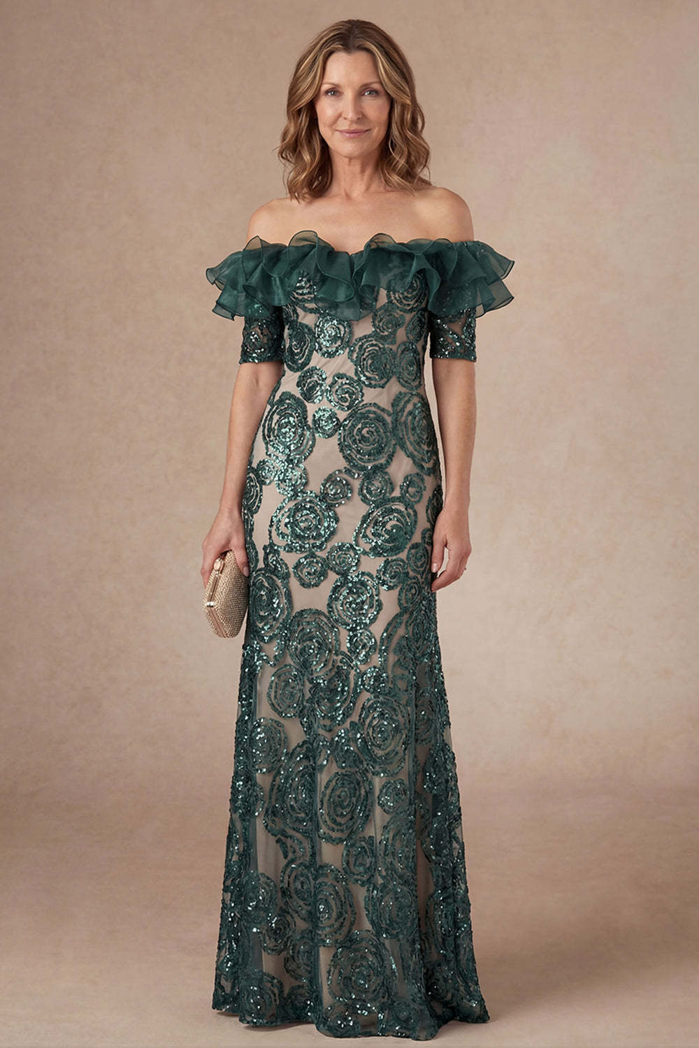Leely Women Ruffled Floral Dark Green Appliqued Long Mother of the Bride Dress Off the Shoulder Backless Sleeveless Evening Dress